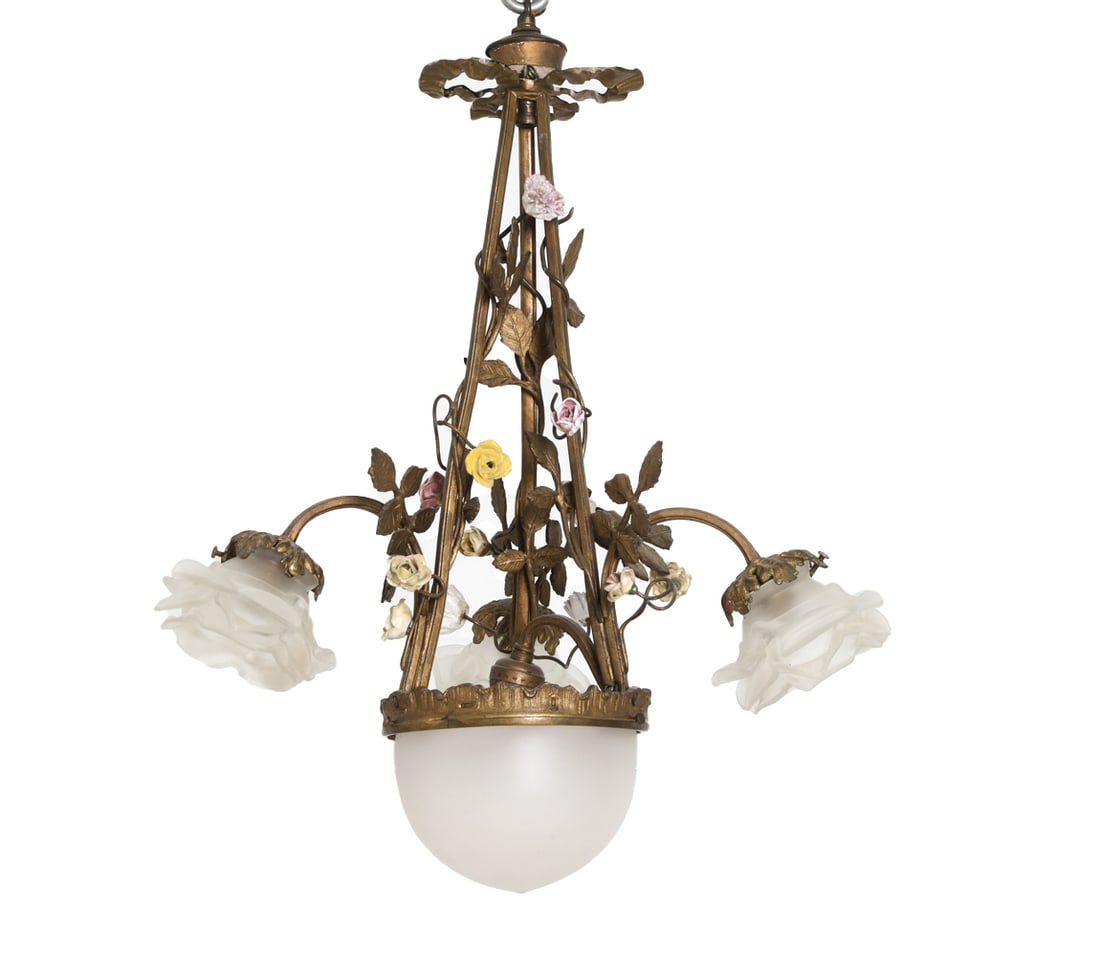 ART NOUVEAU STYLE BRONZE CHANDELIER: Bronze frame with floral design and floral shaped frosted glass shades. Early to mid 20th century. Dimensions: H 24" x Dia. 15.5". Condition: Wiring untested. Slight patina to bronze.