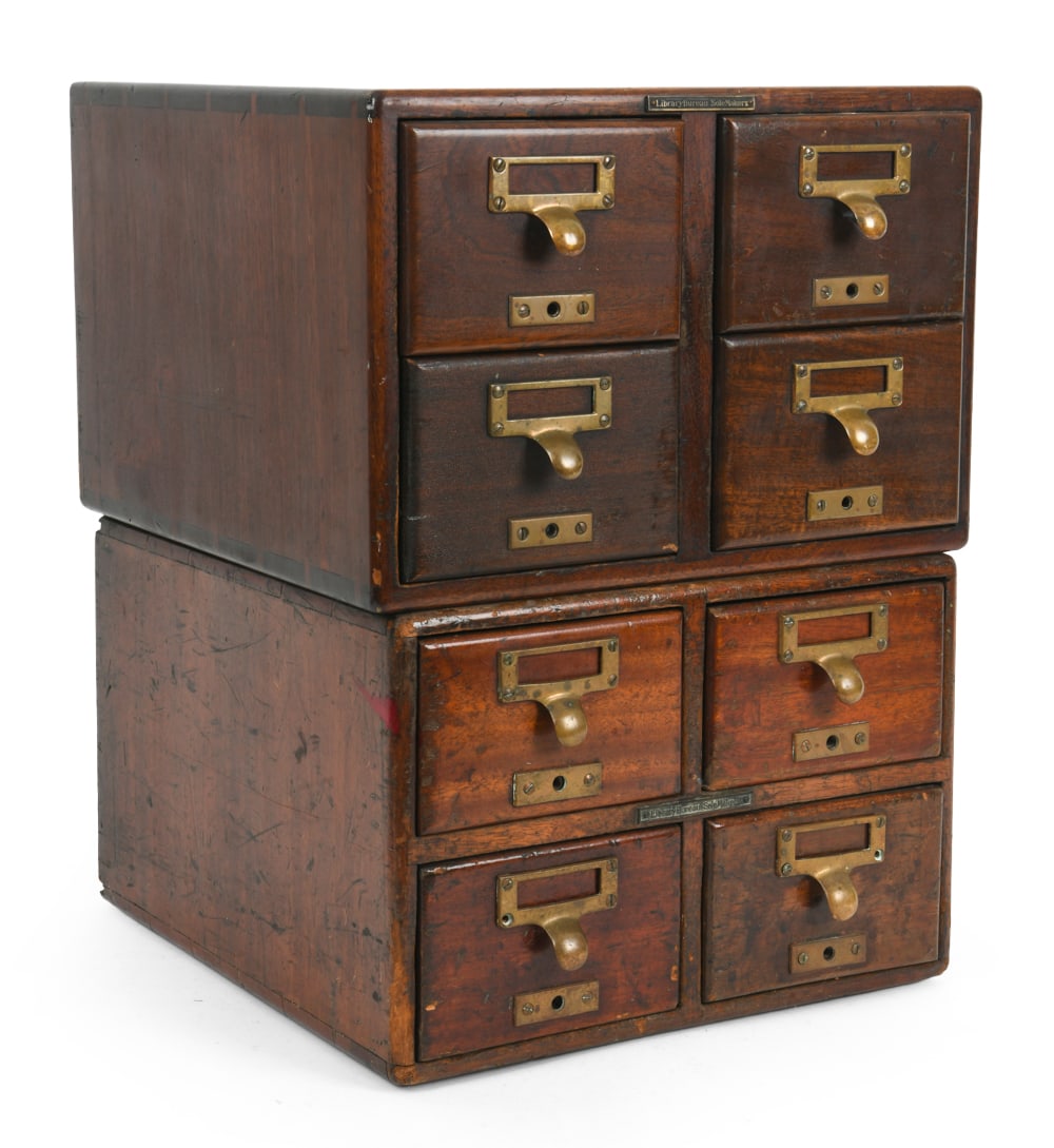 ANTIQUE LIBRARY CARD CATALOG DRAWERS: Two sets of drawers that have been attaced togher, Early 20th century. Marked to front. Dimensions: H 17.25" x W 13.5" x D 13.5". Condition: Patina to brass. Scratches and dings. Wear consistent with