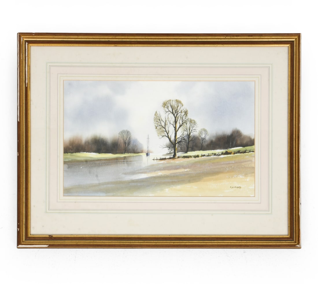 RAYMOND WITCHARD (1928-2011) RIVER WATERCOLOR: Signed to lower right corner. Landscape with river and a sailboat with trees. Watercolor on paper. 20th century. Dimensions: Frame H 17" x W 22.5". Sight H 9.25" x W 15.25". Condition: Not examined ou