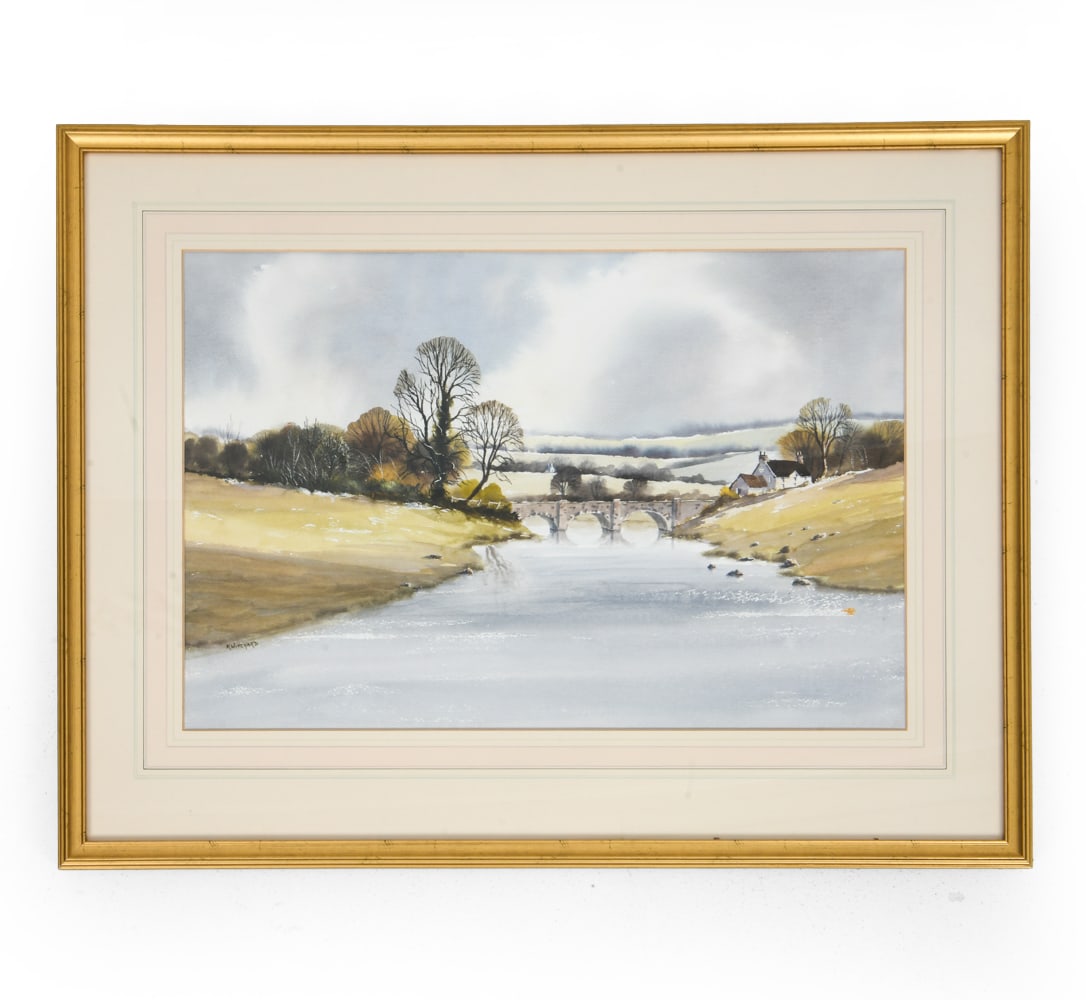 RAYMOND WITCHARD (1928-2011) RIVER WATERCOLOR: Signed to lower left corner. Watercolor on paper depicting a river with a bridge in the background. Dimensions: Frame H 22" x W 28.5". Sight H 14.25" x W 21.5". Condition: Not examined out of frame.