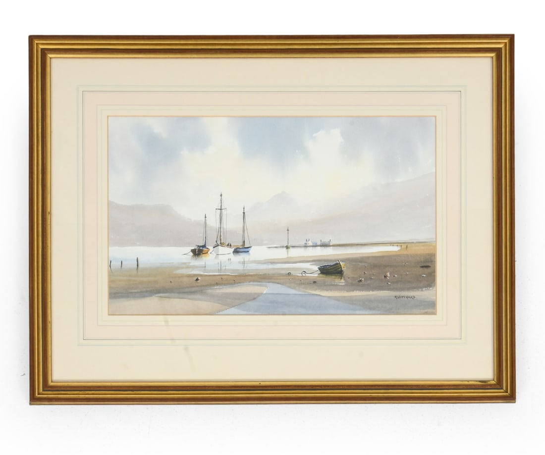 RAYMOND WITCHARD (1928-2011) SHORELINE WATERCOLOR: Signed to lower right corner. Shoreline landscape with sailboats. Watercolor on paper. 20th century. Dimensions: Frame H 17" x W 22.5". Sight H 9.25" x W 15.25". Condition: Not examined out of frame. 