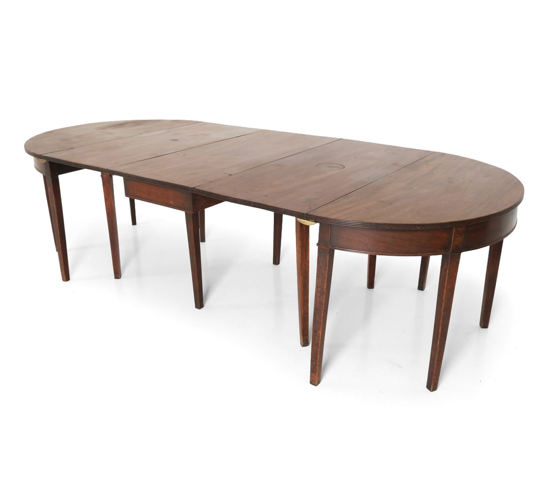ANTIQUE MAHOGANY EXPANDING DINING TABLE: Drop-leaf table and two demilune end tables that can be combined as one table, or separated into two. Hardware included. Dimensions: As Shown, all together H 28" x W 102" x D 45.5". Demilunes W 20.5".