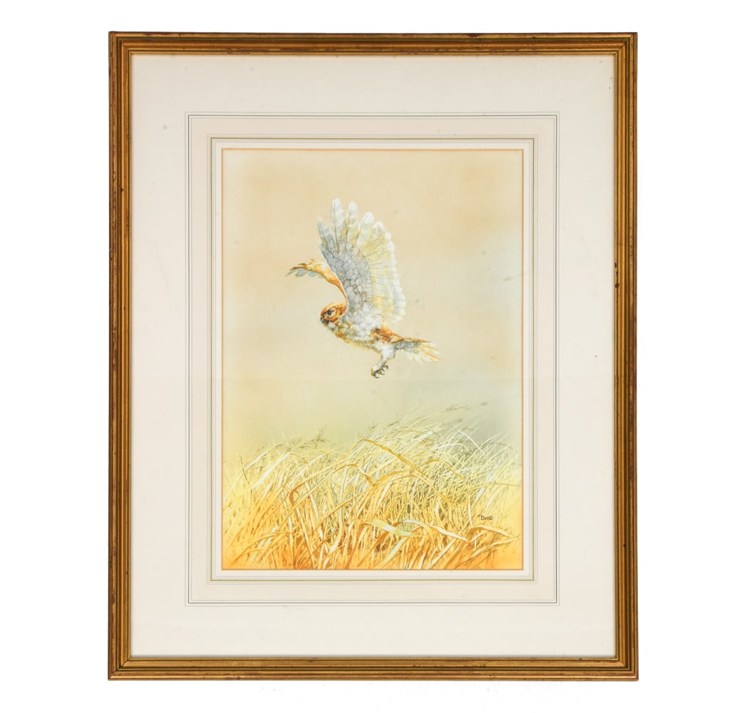PETER BERE (B. 1938) OWL WATERCOLOR PRINT: Signed to lower right corner. Watercolor print featuring an owl flying over tall grass. 20th century. Dimensions: Frame H 24" x W 19.5". Sight H 15.75" x W 11". Condition: Not examined out of frame.