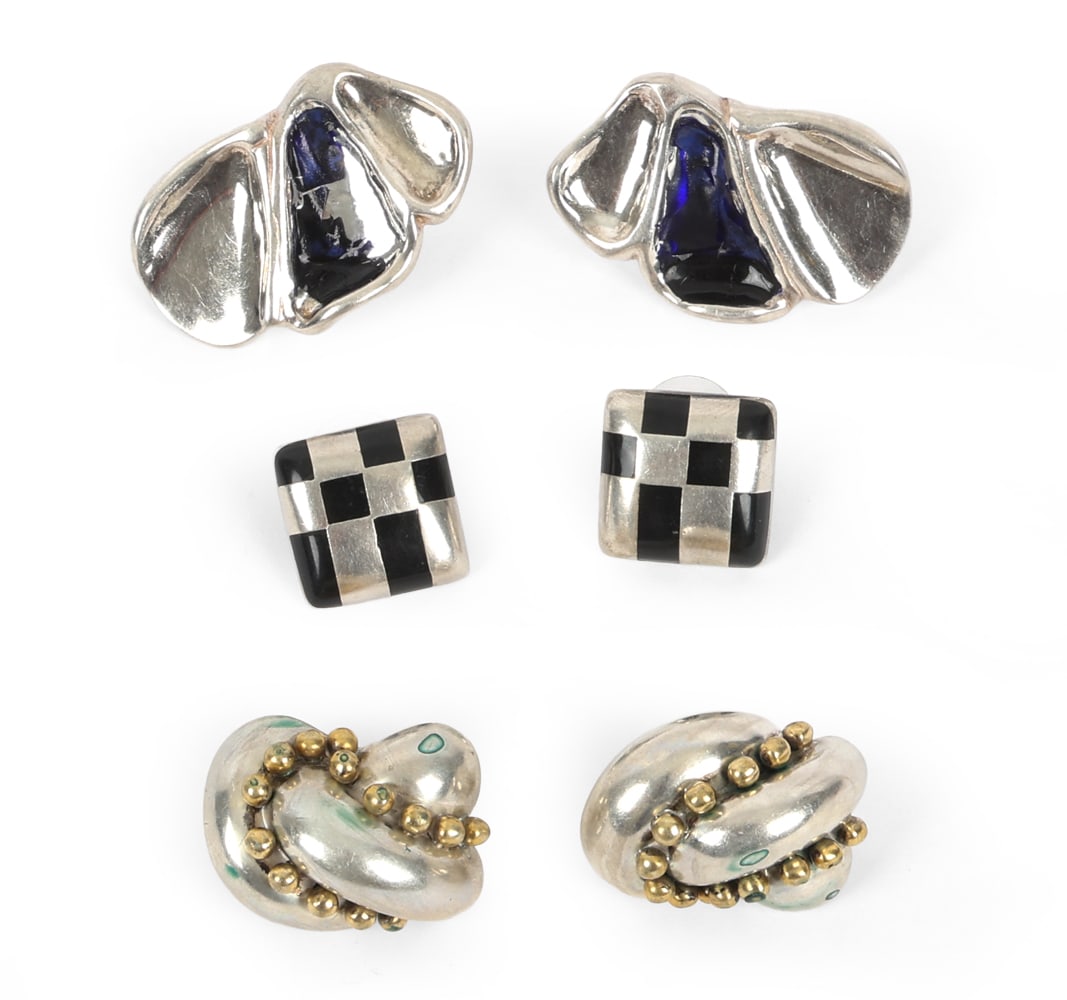 STERLING SILVER JEWELRY GROUPING: Grouping of (3) pairs of sterling silver earrings. Marked to backs. Total Weight: 2.38 ozt. Condition: Losses to enamel decoration and tarnish.