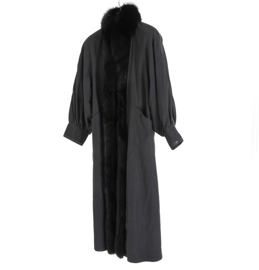 VINTAGE FUR LINED FULL LENGTH COAT: Dimensions: H 50" x W 20". Sleeve L 25". Condition: Wear consistent with age and use.