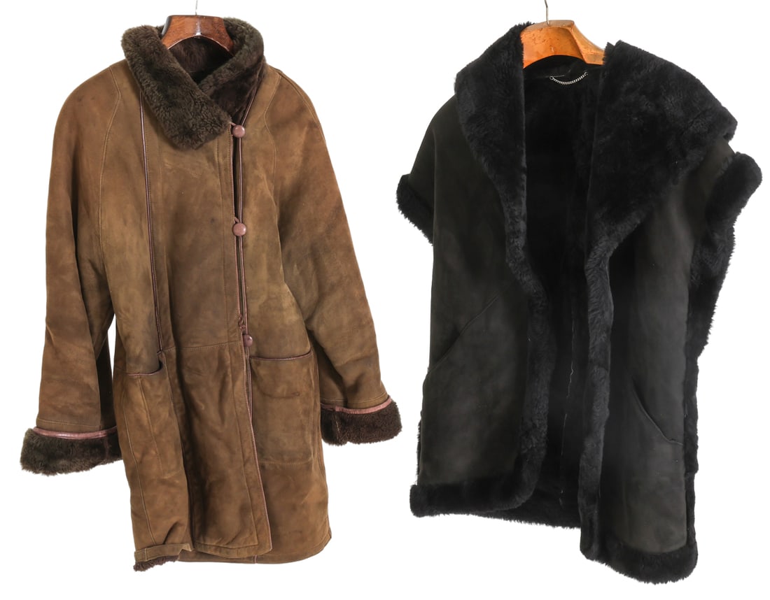 VINTAGE SHEARLING COATS: One tagged "Alma", made in Italy. 20th century. Dimensions: Black H 33" x W 38". Brown H 35.5" x W 20, Sleeve L 30". Condition: Wear consistent with age and use, including matting and some flattening.