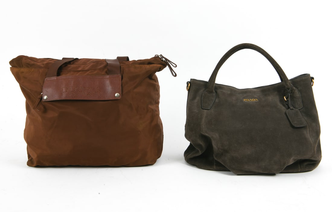 VINTAGE PRADA BAG GROUPING: Grey suede purse together with brown fabric tote bag. 20th century. Dimensions: Grey H 15" x W 15". Brown H 23" x W 16". Condition: Light scuffs and rubs.
