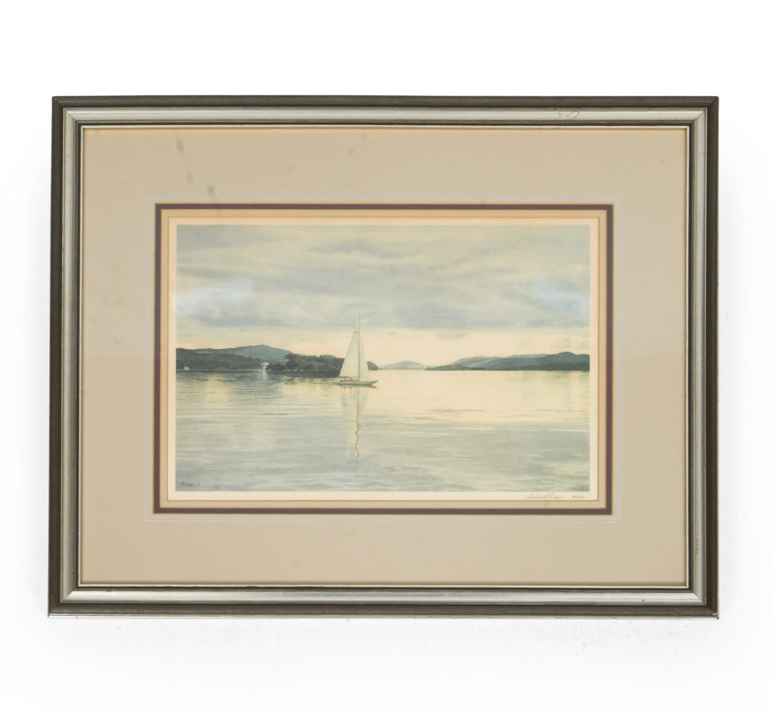 MICHAEL REVERS (B. 1974) SAILBOAT PRINT: Hand signed to lower right with edition # 158/850. Titled "Sail on Windemere". Dimensions: Frame H 19.75" x W 25". Sight H 10.75" x W 16". Condition: Not examined out of frame. Scuffs to frame. Wear