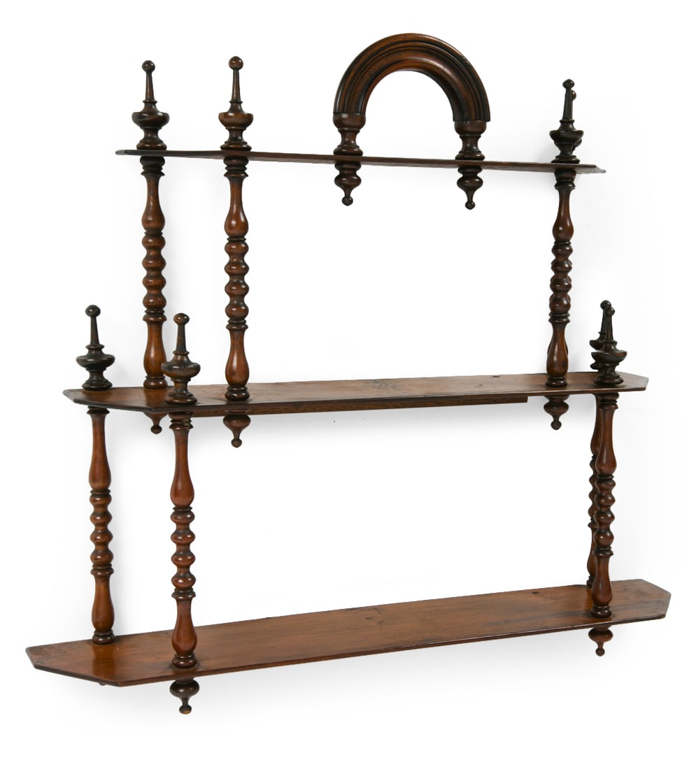 ANTIQUE ENGLISH MAHOGANY WHATNOT WALL SHELF: Mahogany wall shelf with bobbin turned spindles. Early 20th century. Dimensions: H 22" x W 24.5" x D 4.5". Condition: Previous repair to top of one spindle. Stress splits. Wear consistent with age