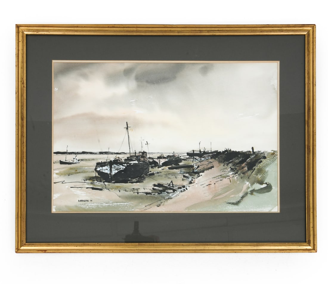 EXPRESSIONIST WATERCOLOR SHORELINE LANDSCAPE: Signed to lower left corner and dated 1979. Landscape shoreline with several beached boats. Watercolor on paper. Dimensions: Frame H 21.75" x W 28.75". Sight H 14.25" x W 21.75". Condition: Not