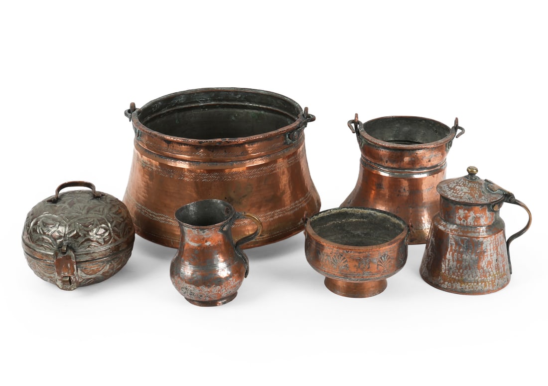 VINTAGE AND ANTIQUE COPPER GROUPING: Dimensions: Largest H 9.5" x Dia. 14.5". Condition: Oxidation present. Wear consistent with age and use.