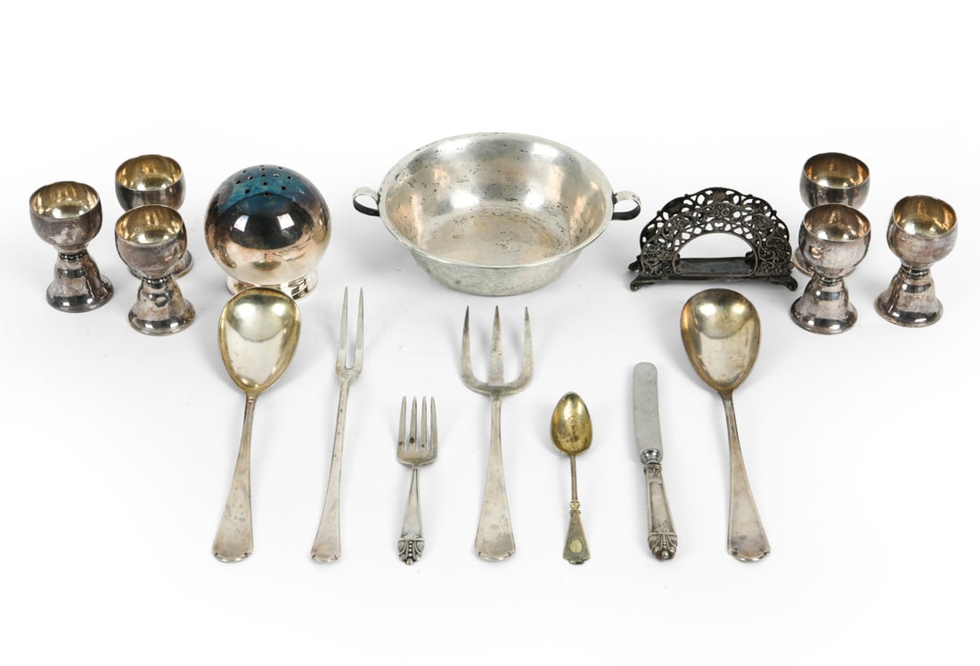 SILVER GROUPING: Grouping of sterling silver items as well as .800 including B. W. K. S. silver cups, and other assorted silver flatware. Together with Ercuis silver plated sprinkler, designed by Luc Lanel. In origina