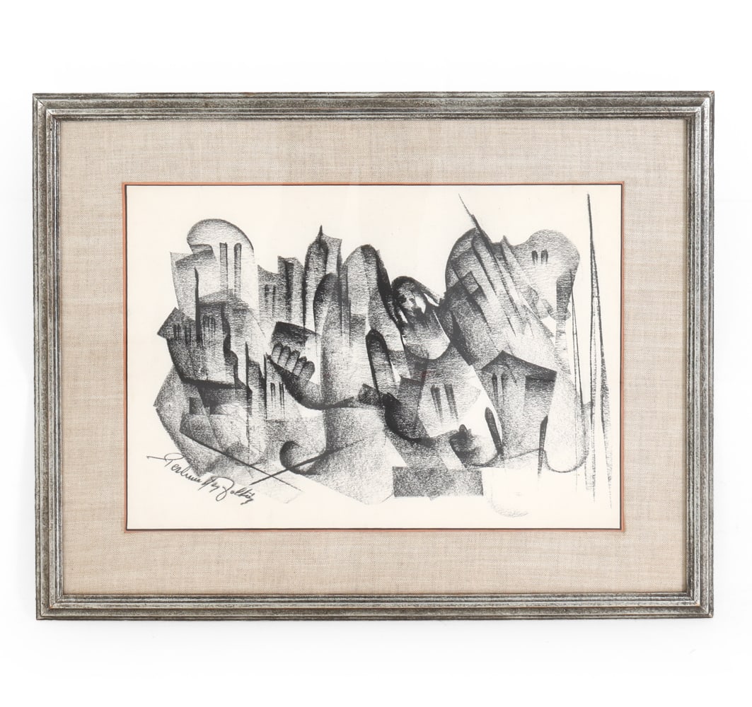 ZOLTAN PERLMUTTER (1922-2003) ABSTRACT CITYSCAPE: Signed to lower left corner. Abstract cityscape in black and white. Charcoal on paper. 20th century. Dimensions: Frame H 21.25" x W 27.5". Sight H 13.75" x W 19.5". Condition: Not examined out of