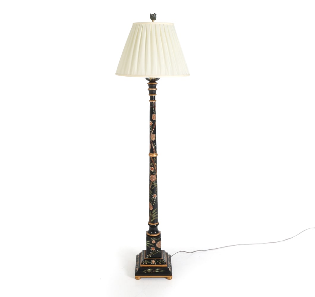CHINOISERIE LACQUERED FLOOR LAMP: Painted floor lamp with brass accent. 20th century. Dimensions: H 68.25" x Dia. 17.25". Condition: Wiring untested.