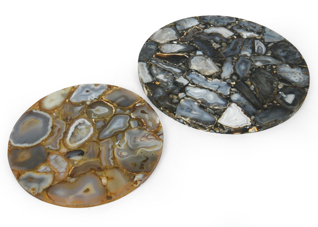 ROUND AGATE STONE TABLE TOPS: (2) Round stone table tops. Dimensions: Largest Dia. 16". Condition: Loss of a piece of agate to one.
