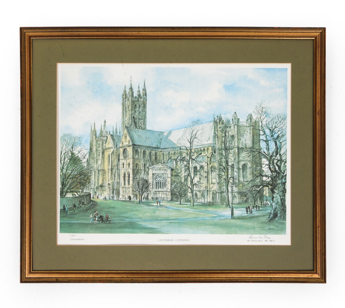 CHARLES BONE (BRITISH, 1809-1880) LITHOGRAPH: DESCRIPTION//DIMENSIONS UPDATED SHORTLY Titled "Canterbury Cathedral", signed and numbered 11/850 lower margin. Oakleighs Gallery label on verso. Condition: Some nicks to frame. Dust spots under the g