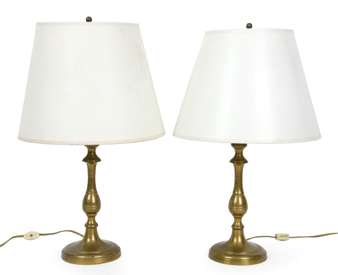 PAIR OF VINTAGE BRASS CANDLESTICK LAMPS: Candlestick-style bases. Shades marked "Artemis Studios". 20th century. Dimensions: H 20.5" x Dia. 12". Condition: Wiring untested.