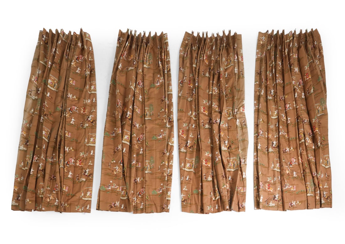 VINTAGE DRAPERY CURTAINS GROUPING: Includes (4) panels featuring Indo-Persian figures with polo imagery. 20th century. Dimensions: Each Panel L 94" x W 36". Condition: Light sun fading.