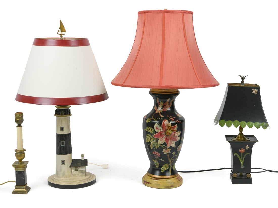 VINTAGE TABLE LAMPS GROUPING: (4) Table lamps. 20th century. Dimensions: Largest H 26" x Dia. 15". Condition: Wiring untested.