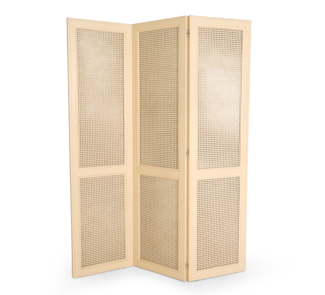 PAINTED WOOD & CANE ROOM DIVIDER SCREEN: 20th century. Dimensions: H 72.75" x W 60". Condition: Scuffs to edges. Wear consistent with age and use.