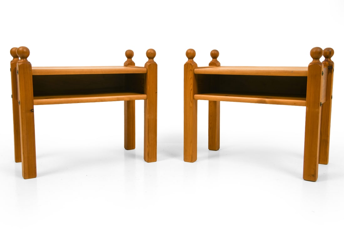 PAIR OF SWEDISH PINE NIGHTSTANDS C. 1970S: Open storage shelving. Dimensions: H 18.5" x W 20.75" x D 11.5". Condition: Scuffs and dings, wear consistent with age and use. E126