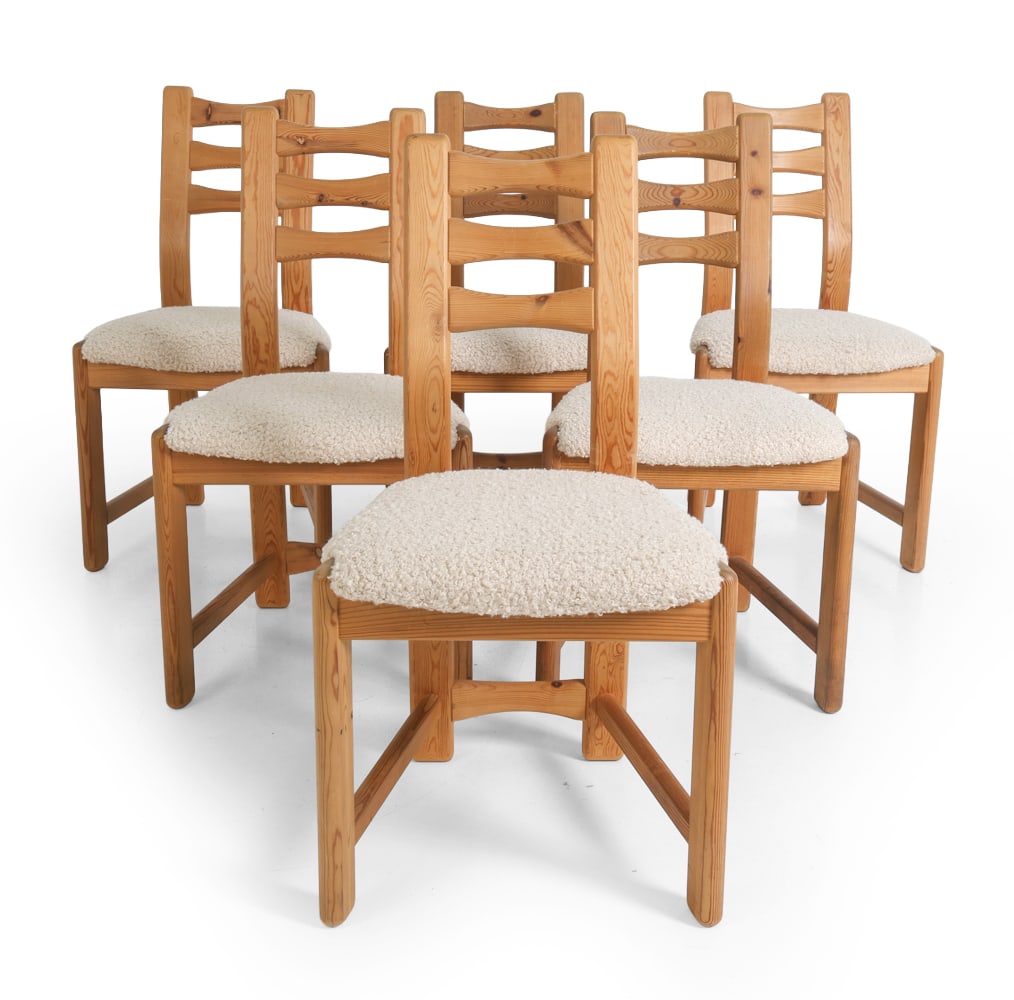 (6) FINDAHL DANISH PINE & BOUCLE DINING CHAIRS: Apparently unmarked. Dimensions: H 37" x W 17" x D 16" x SH 19". Condition: Scratches and small dings to frames. Wear consistent with age and use. E097