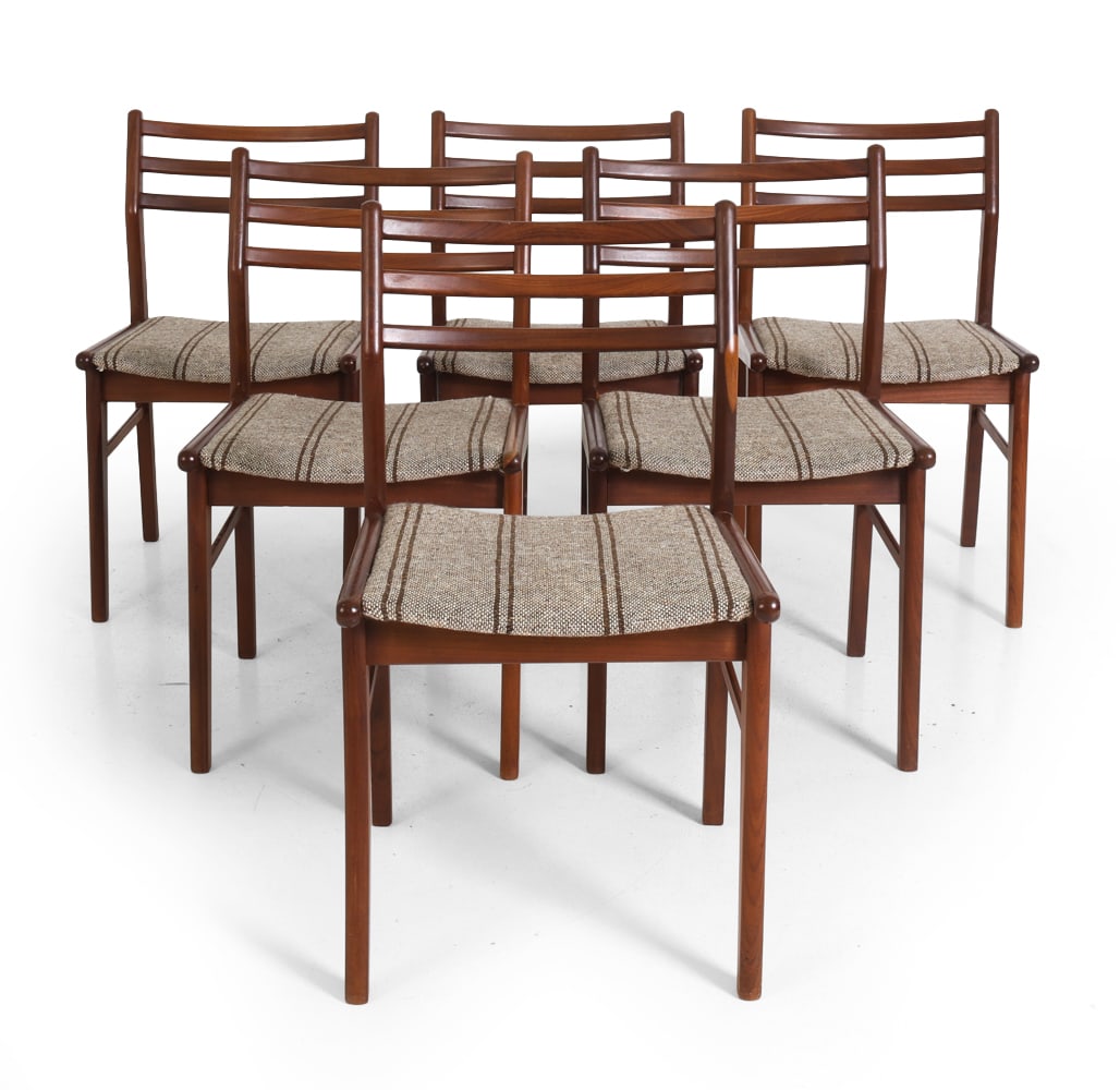 (6) MOGENS HANSEN DANISH DINING CHAIRS: Marked underneath. Denmark, circa 1970s. Dimensions: H 32.75" x W 18" x D 17.5" x SH 19". Condition: Scuffs and scratches to wood. Previous repairs. Wear consistent with age and use.