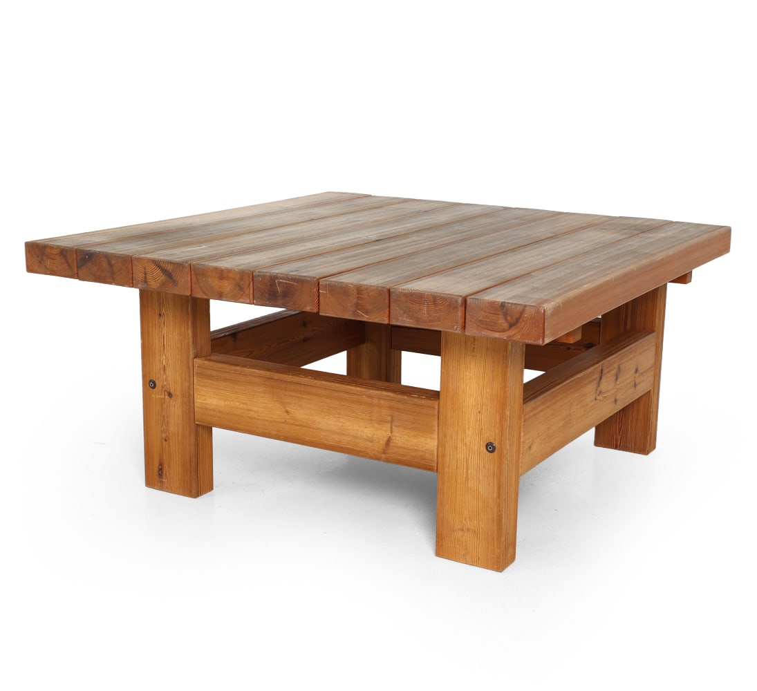 JENS LYNGSOE STYLE DANISH OAK COFFEE TABLE 1960S: Denmark, circa 1960s. Dimensions: H 21" x W 44" x D 44". Condition: Scuffs and scratches, light sun fading. Water rings. Wear consistent with age and use. E077