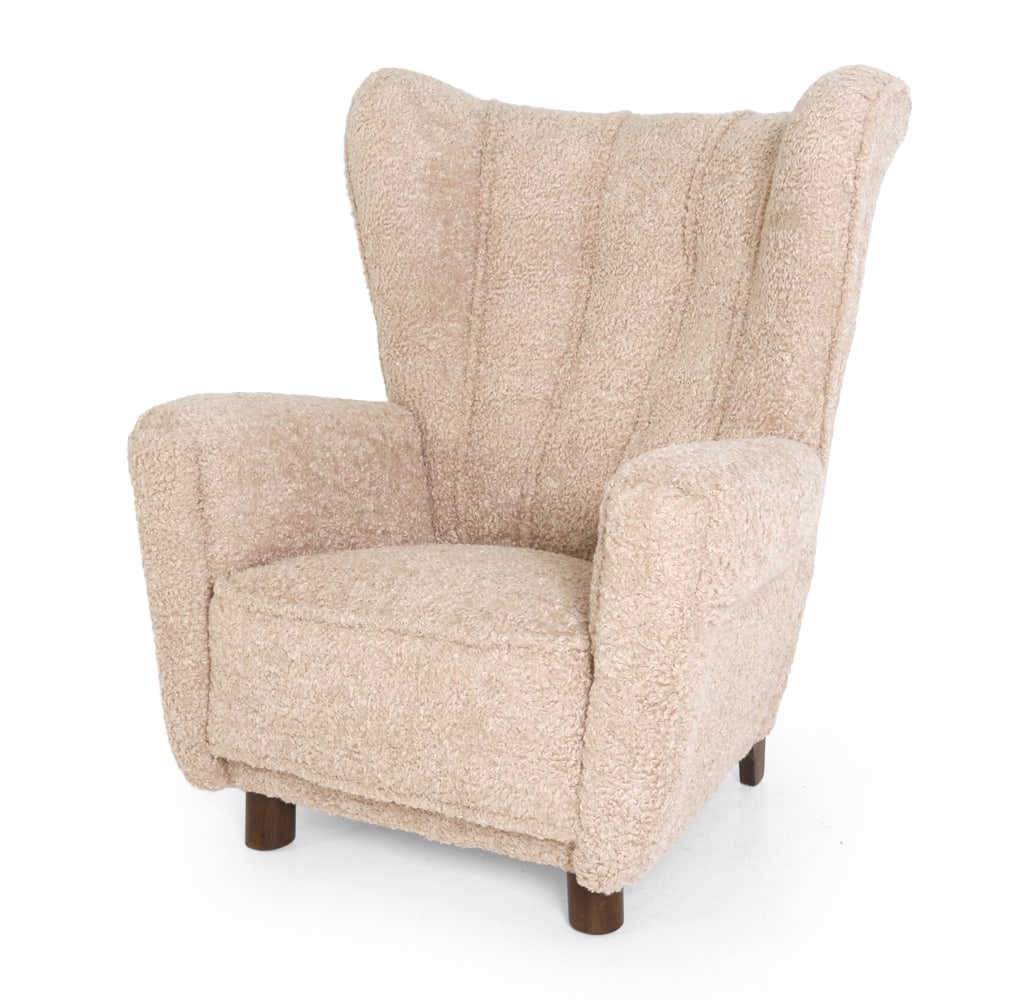 LASSEN STYLE DANISH BOUCLE LOUNGE CHAIR C. 1950S: Dimensions: H 41.5" x W 34.5" x D 28" x SH 16". Condition: Wear consistent with age and use, including minor scuffs. E002