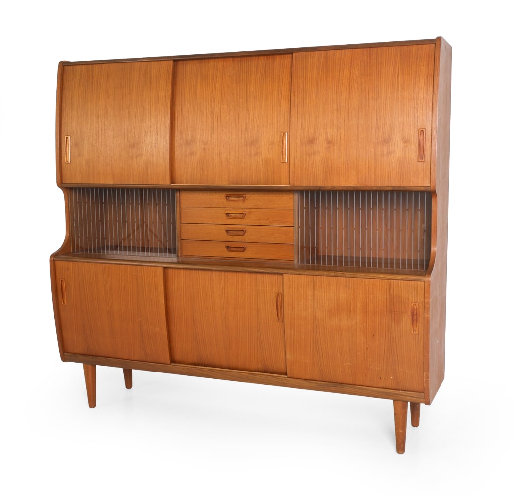 POUL JESSEN FOR PMJ VIBY DANISH TEAK SIDEBOARD: Marked to back. Denmark, circa 1960s. Dimensions: H 62.5" x W 66.5" x D 17". Condition: Light water spots. Wear consistent with age and use. E053