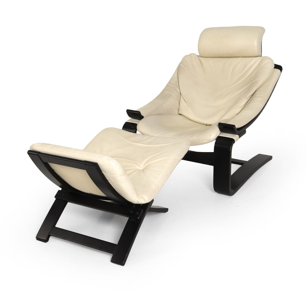 AKE FRIBYTER KROKEN LEATHER CHAIR & OTTOMAN 1974: Marked "Limited Edition 970-1974" to frame. For Nelo Mobel. Beech frame and white leather seat. Sweden. Dimensions: Chair H 35" x W 29.5" x D 30" x SH 13". Ottoman H 16.25" x W 21.5" x D 26".