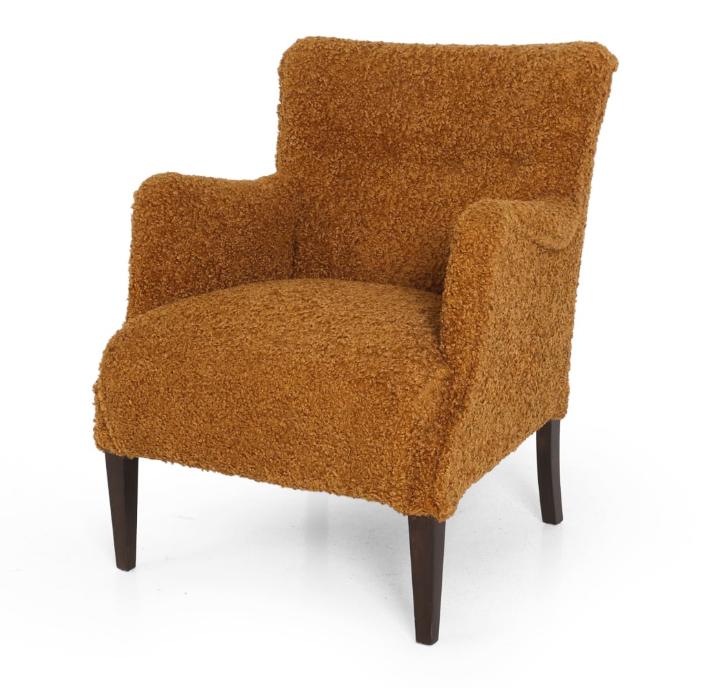 STYLE OF IVERSEN DANISH LOUNGE CHAIR C. 1960S: Dimensions: H 34" x W 26" x D 26" x SH 18.5". Condition: Recently reupholstered. Small scuffs and rubs to legs, wear consistent with age and use. E004