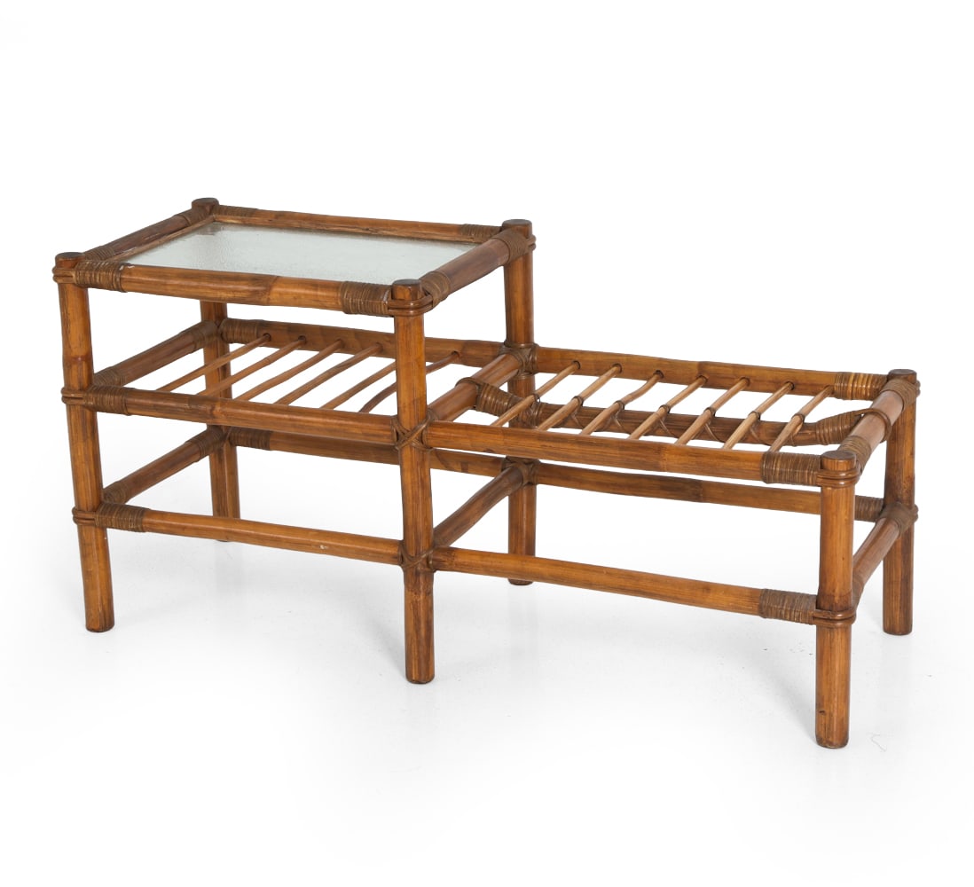 SCANDINAVIAN BAMBOO & RATTAN PATIO TABLE 1970S: Dimensions: H 21.25" x W 43" x D 16.25". Condition: Scuffs and rubs to frame with few discolored spots. Wear consistent with age and use. E042