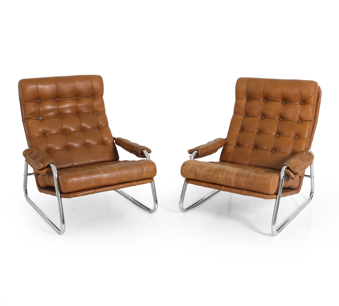 PAIR GILLIS LUNDGREN STYLE CHROME & LEATHER CHAIRS (1 of 14)