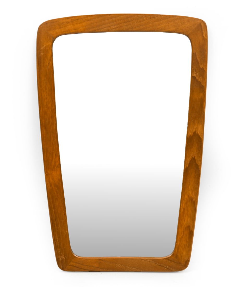 DANISH TEAK WALL MIRROR C. 1960S: Dimensions: H 17.5" x W 23.5" . Condition: Light scuffs to wood, wear consistent with age and use. E129