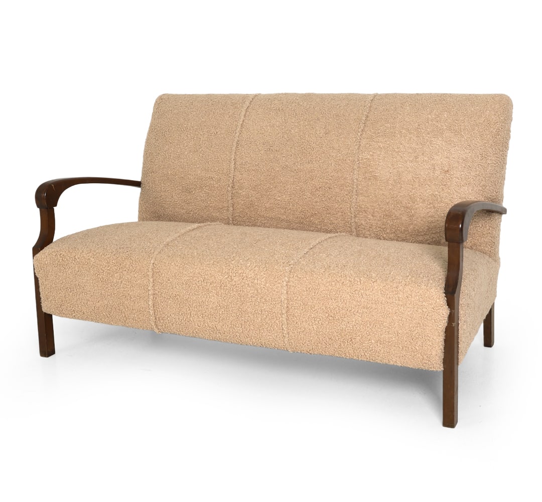 DANISH OAK & BOUCLE SOFA C. 1960S: Dimensions: H 34" x W 58.5" x D 27" x SH 16.5". Condition: Recently reupholstered, Scuffs and scratches to arms. Wear consistent with age and use. e038