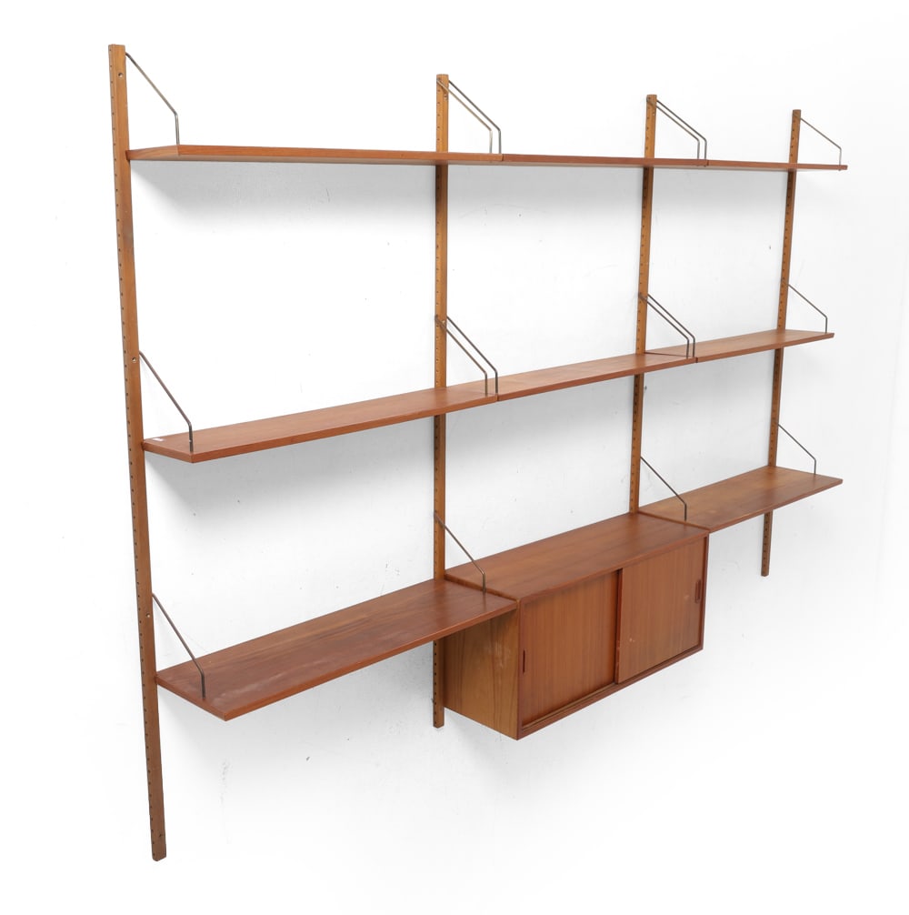 DANISH TEAK WALL UNIT 1960S: Denmark, circa 1960s. Dimensions: As Shown H 70" x W 108" x D 12". Condition: Scuffs, scratches, and few water spots. Wear consistent with age and use.