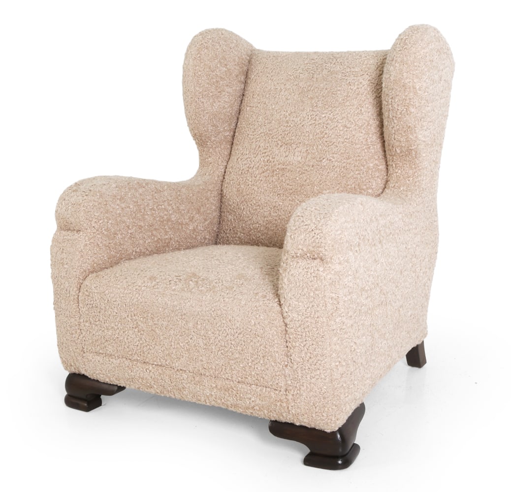 FRITZ HANSEN STYLE BOUCLE LOUNGE CHAIR C. 1950S: Denmark, circa 1950s. Dimensions: H 39" x W 32.5" x D 31" x SH 16.25". Condition: Recently reupholstered. Faint scuffs to legs, wear consistent with age and use. E001