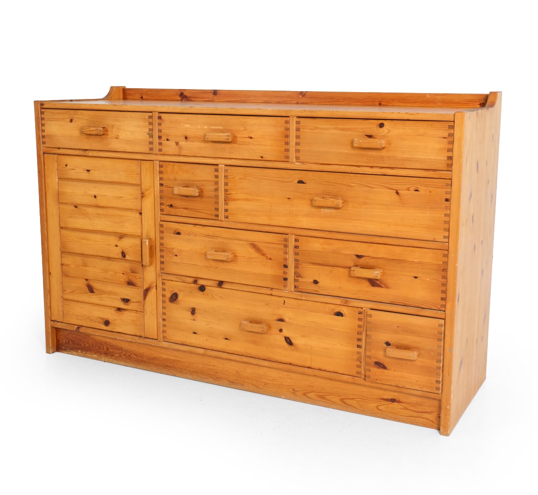 DANISH PINE SIDEBOARD C. 1970S: Apparently unmarked. Denmark, circa 1970s. Dimensions: H 35" x W 57" x D 19". Condition: Scuffs, scratches, and dings, few water spots. Wear consistent with age and use. E084