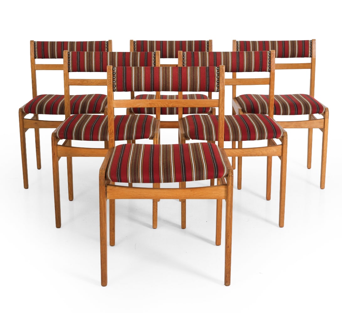 (6) FDB MOBLER STYLE DANISH TEAK DINING CHAIRS: Apparently unmarked. Denmark, circa 1970s. Dimensions: H 30.5" x W 19" x D 17" S.H. 18" Condition: Wear consistent with age and use. E028
