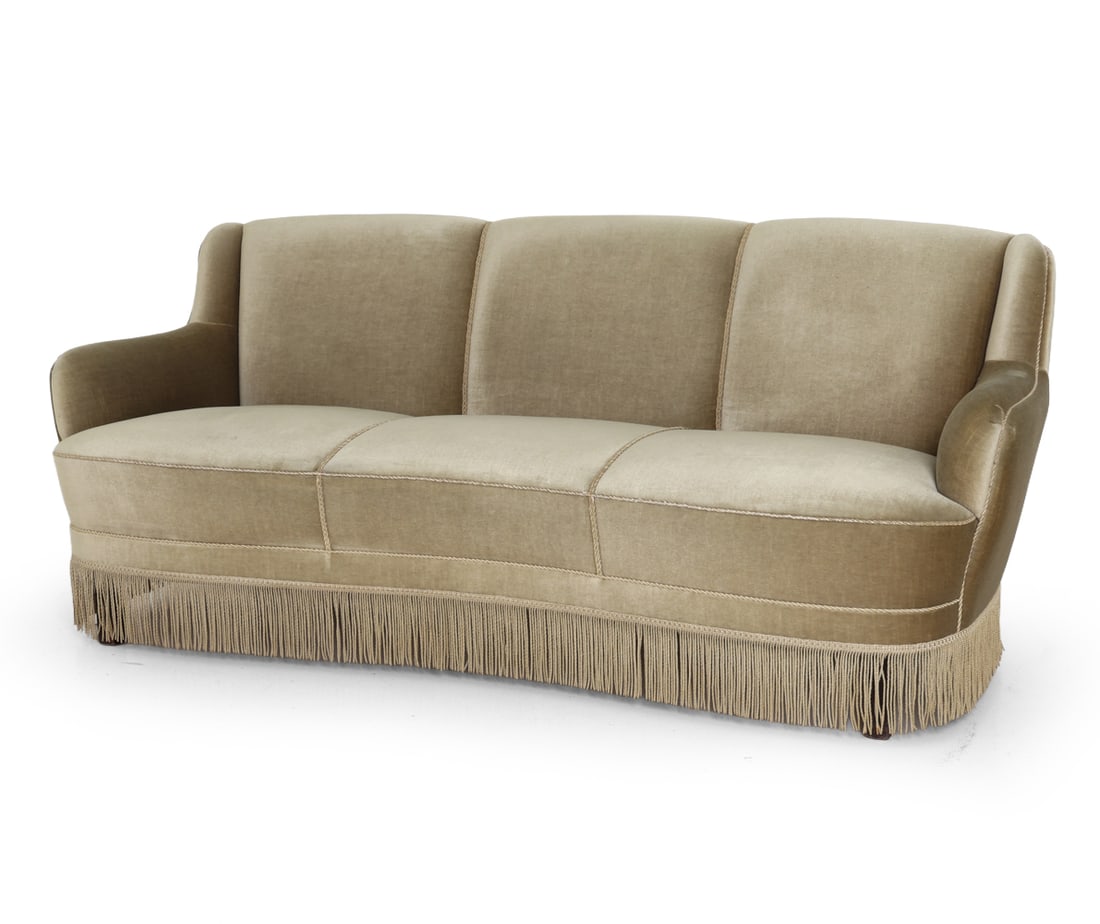 DANISH GREEN VELOUR SOFA C. 1960S: Dimensions: H 31" x W 69" x D 28.5" x SH 16.5". Condition: Fading and discolored spots to fabric. Wear consistent with age and use. E015