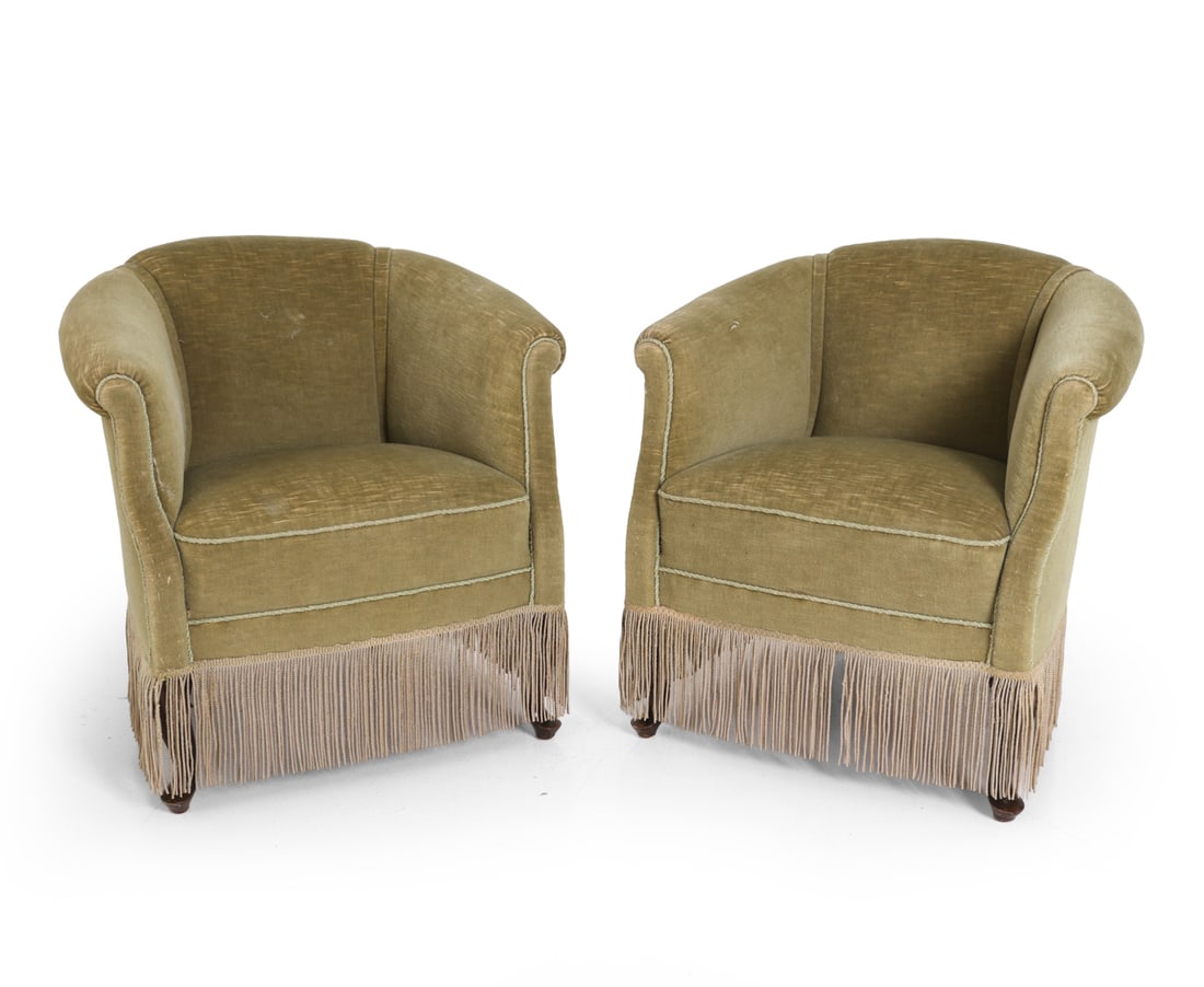 PAIR OF DANISH VELOUR CLUB CHAIRS C. 1950S: Dimensions: H 30.5" x W 30" x D 27" x SH 19.25". Condition: Thinning and fraying to fabric on arms. Wear consistent with age and use. E059
