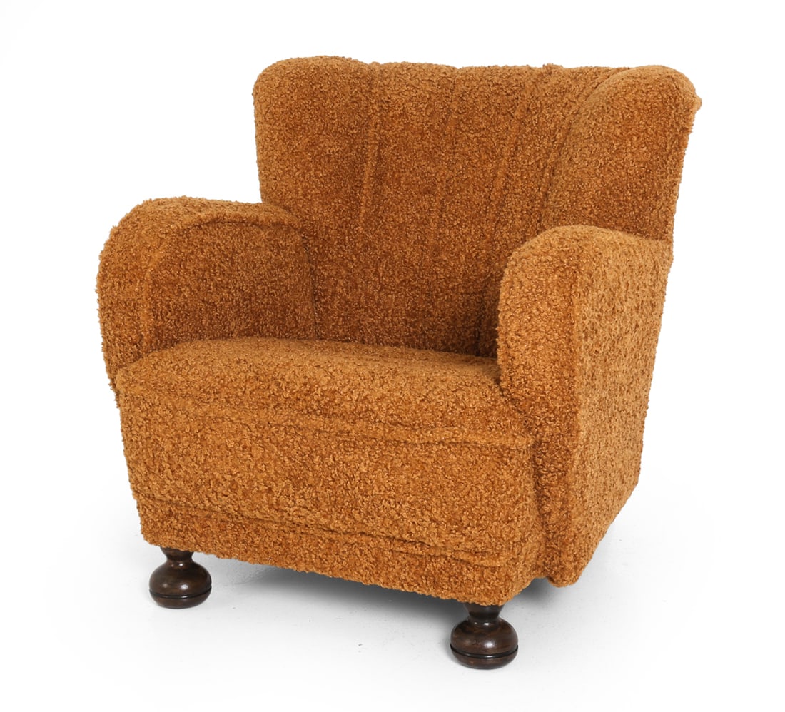 LASSEN STYLE DANISH BOUCLE LOUNGE CHAIR C. 1950S: Denmark, circa 1950s. Dimensions: H 31" x W 30" x D 32" x SH 16". Condition: Recently reupholstered, Scuffs to legs, wear consistent with age and use. E003