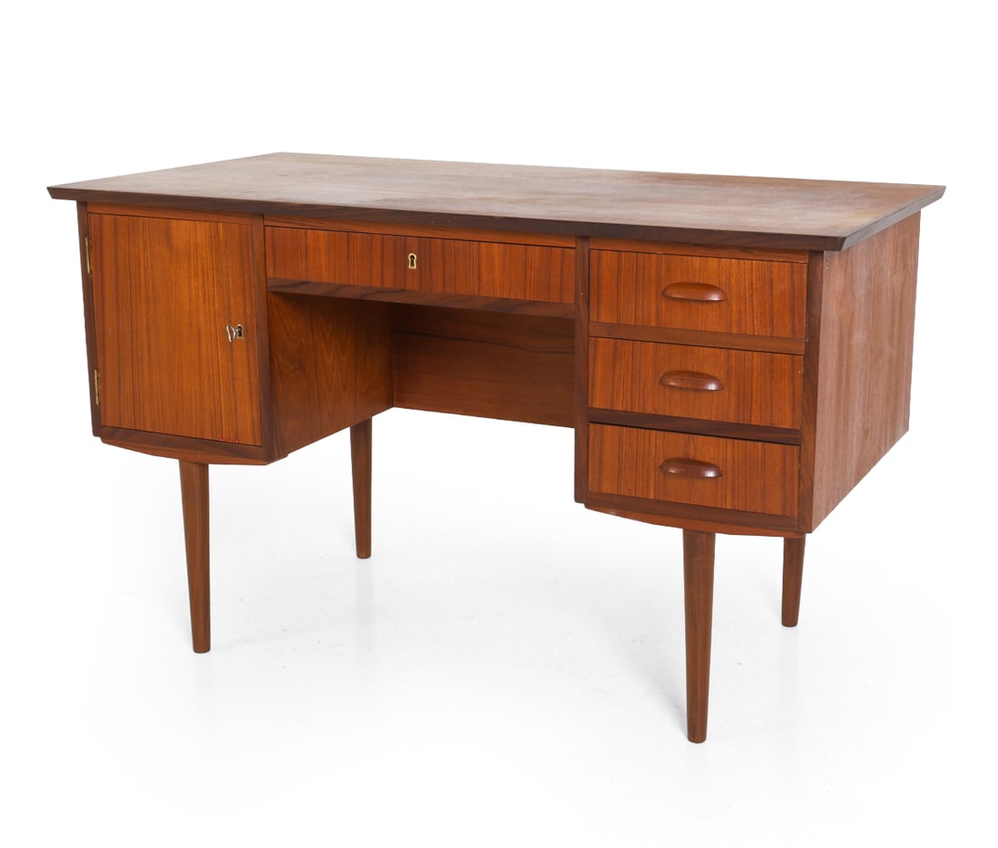 KAI KRISTIANSEN STYLE DANISH TEAK WRITING DESK: Key included. Denmark, circa 1960s. Dimensions: H 29.5" x W 49" x D 25.5". Condition: Rubs, slight fading, wear consistent with age and use. E-088