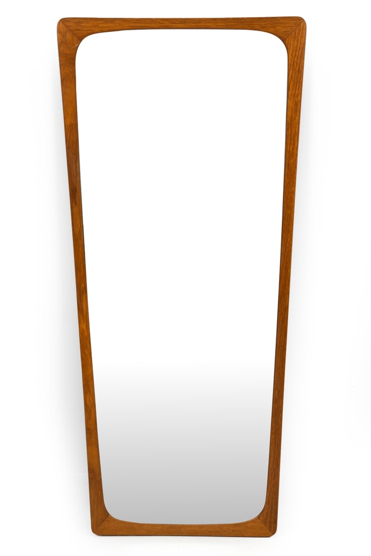 DANISH TEAK WALL MIRROR C. 1970S: Dimensions: H 37" x W 17.5". Condition: Small scratches to wood. Wear consistent with age and use. E130