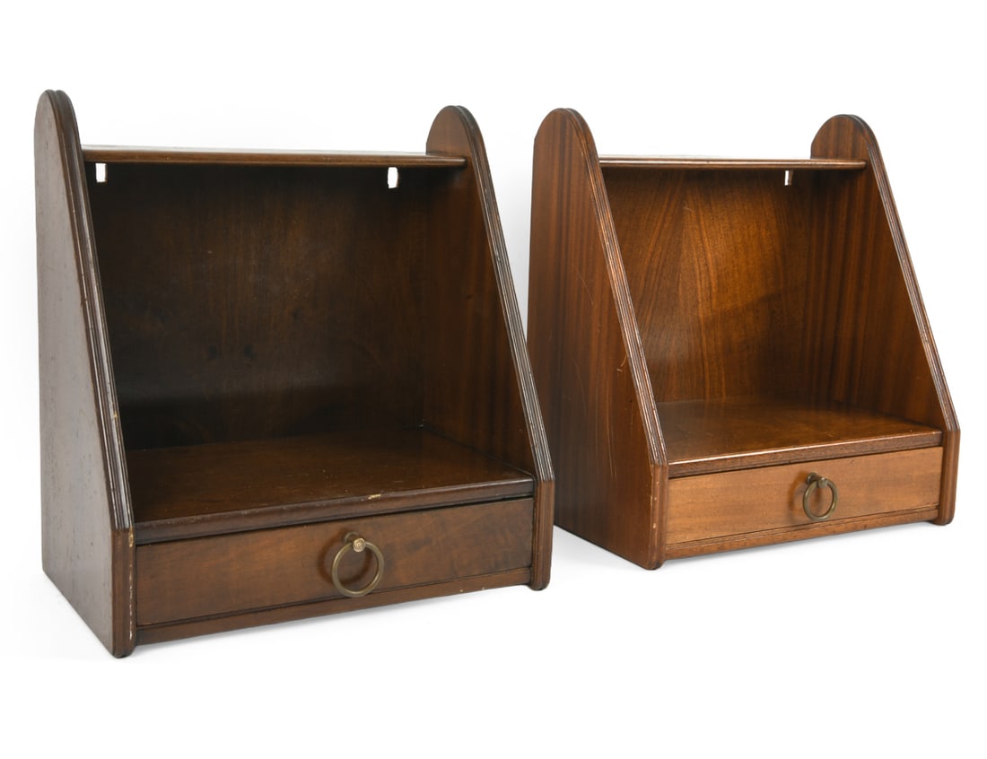 PAIR OF SCANDINAVIAN MAHOGANY FLOATING NIGHTSTANDS: Circa 1960s. Dimensions: H 14.5" x W 13.5" x D 8.5". Condition: Scuffs and scratches. paint marks, Holes cut out to backs. Wear consistent with age and use. E167