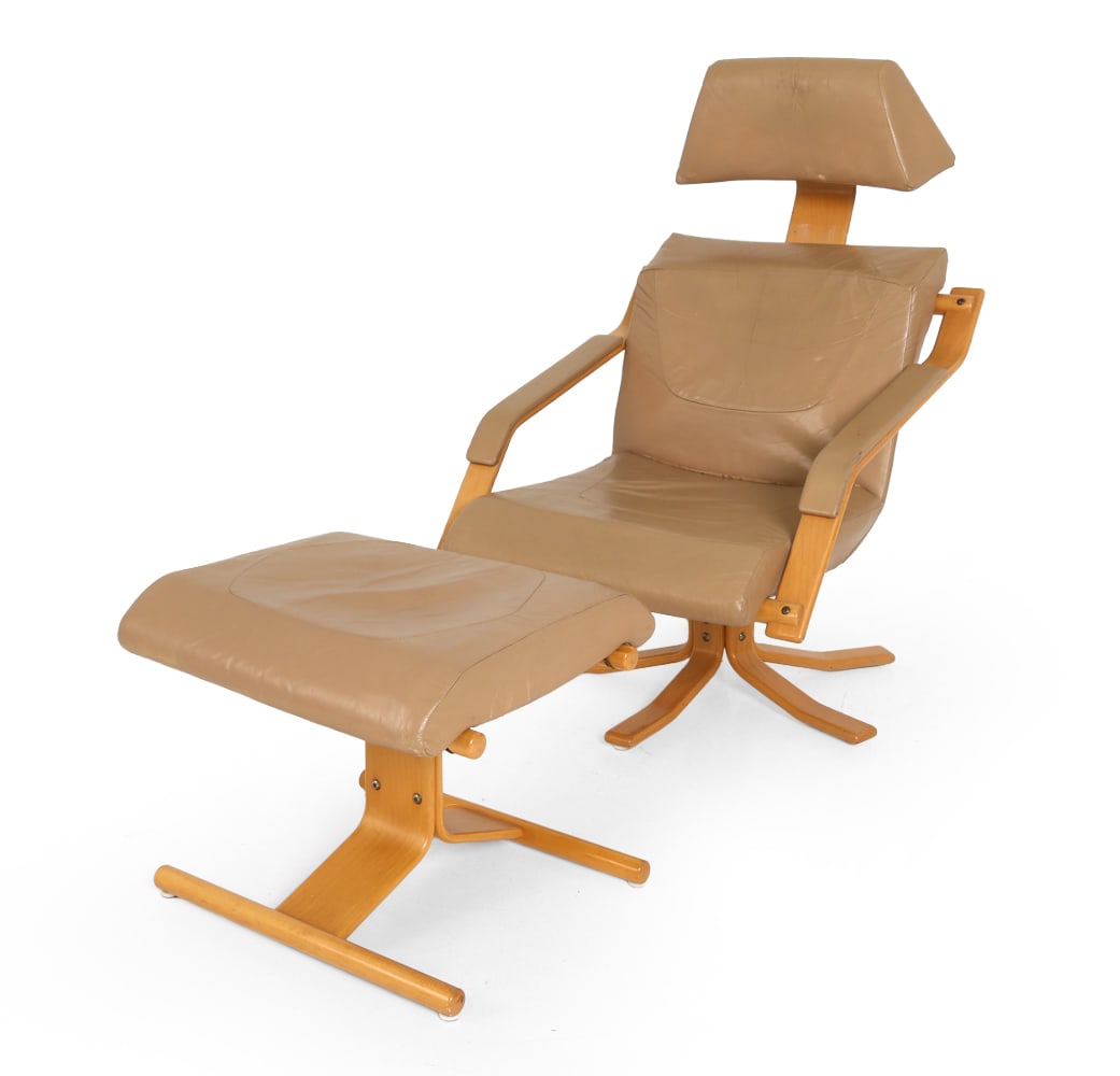 SWEDISH BEECH & LEATHER LOUNGE CHAIR & OTTOMAN (1 of 13)