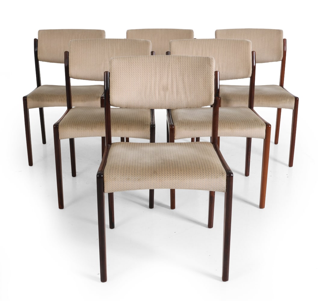 RUDOLF GLATZEL STYLE GERMAN ROSEWOOD DINING CHAIRS: Germany, circa 1960s. Dimensions: H 31.5" x W 18.75" x D 18" x SH 17". Condition: Discolored spots to fabric. Scuffs and scratches to frames. Wear consistent with age and use. E011