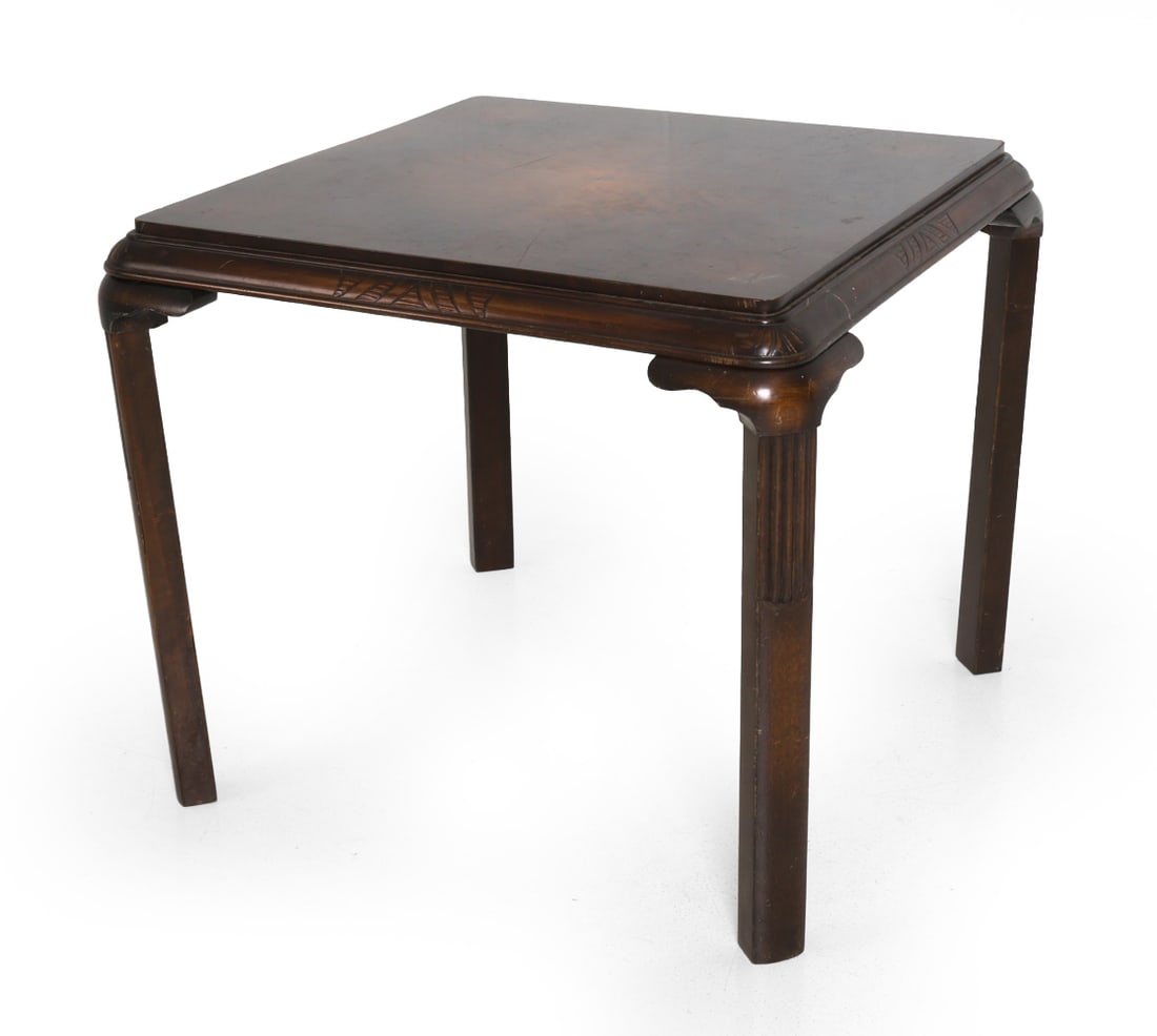 DECO CHINOISERIE STYLE WALNUT CARD OR SIDE TABLE: 20th century. Dimensions: H 28" x W 33" x D 33" Condition: Showing signs of wear including water marks, scratches and scuffs to finish. Wear consistent with age and use. 020