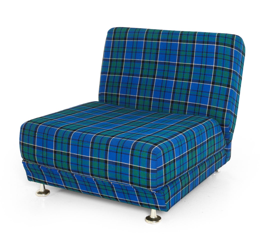 GERMAN PLAID FOLDING DAYBED LOUNGE CHAIR C. 1970S: Germany, circa 1970s. Dimensions: H 26.5" x W 28" x D 28"-75" x SH 15". Condition: Missing one slider pad on a foot. Slight sun fading to fabric. Wear consistent with age and use. E-047